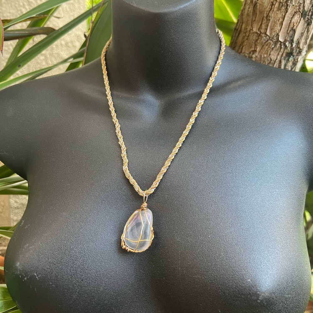 Aura Gemstone Wrapped Pendant w/ Vintage Monet Chain | 18" - Picture 12 of 15